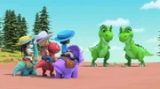 Auf dem Weg um wilden Dino-Nester fallen den Dino Ranchers zwei T-Rex auf, die sich sehr nah den Nestern herumtreiben. Sie machen alle anderen Dinos nervös.
