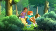 Harvey (li.), Zoe (re.) und Lassie belauschen Harvey und zwei Investoren, die ein Hotel in das wunderschöne Tal bauen wollen.