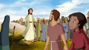 Tausende Menschen kommen herbei, um Jesus (Mi.) predigen zu hören.