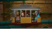 Balduin (Bär), Lionel (Löwe), Flora (Flamingo), die Pinguine und Frau Emily feuern Bruno an.