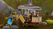 Zacki (Krokodil) hat die Grashüpferbeine der Zoobahn ausgefahren. Damit wollen sie durch den Sumpf springen.