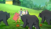 Harvey (2. von rechts) und seine hinterhältigen Investoren werden von Bären angegriffen, die es auf die Steaks abgesehen haben.