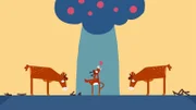 Der kleine Hirsch isst den Apfel, die großen Hirsche müssen zuschauen.