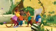 Chiku, Munroe, Fitz und Badou beraten sich im geheimen Innenhof.