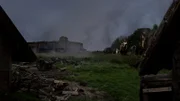 Eine Gruppe von Rittern reitet an einem Schlachtfeld vorbei.