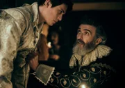 l-r: George Villiers (Nicholas Galitzine), Sir Francis Bacon (Mark O'Halloran)