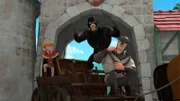 Prinz John (li.) hat zum Eintreiben der Steuern Kämpfer der Wolfswache (M.) engagiert.