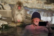 Bad mit Makaken: Im japanischen Jogokudani-Affenpark sprudeln heiße Quellen, die Tier und Mensch Entspannung und Wärme versprechen. Tierfilmer Andreas Kieling macht mit seinem roten Kopf schon fast dem Schneeaffenweibchen Konkurrenz.