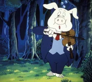 Das Musenschwein spielt dem schlafenden König ein Schlaflied vor, damit dieser nur schöne Träume träumt.