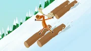 Ein Riesenschneeball ist in einen Holzstapel hineingerollt, und die einzelnen Stämme rutschen nun mit vollem Tempo hinter Hubert her. Aber der weiß sich zu helfen.