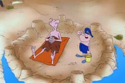 General de Gaulle (li.) und Lebornec (re.) bauen am Strand eine Festung, um sich vor der Flut zu schützen.