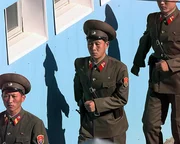 The Democratic Peoples Republic of Korea (DPRK), also, North Korea, People's Army guards march in formation to their appointed posts during a repatriation ceremony in the Panmunjom Joint Security Area.