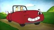 Pit & Peggs in ihrem roten Ausflugsauto.