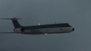 The plane flies through the thick clouds of a storm, CGI image