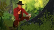 Joe versteckt das Diebesgut im Wald.