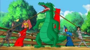 Bibi (2.v.l.), Tina (2.v.r.) und Alex (r.) helfen Ritter Jonas (l.), den gefährlichen Drachen einzufangen. Erst, wenn er ein Ritterabenteuer erlebt, wird Jonas wieder zu einem Jungen.