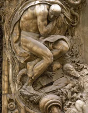 Spanien. Valencia. Palast des Marquis von Dos Aguas. Allegorie des Flusses Jucar, dargestellt durch die Figur eines nackten Mannes mit Attributen wie Krokodilk&ouml;pfen, einem K&ouml;cher mit Pfeilen und einem Krug, aus dem Wasser austritt. Alabasterskulptur von Ignacio Vergara (1715-1776) im Rokokostil; Tarker.