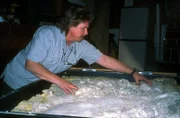 Richard Noll looks over the Skookum cast of Bigfoot's print.