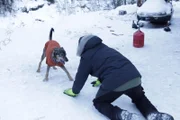 Chris Morse spielt mit seinem Hund Toz im Schnee