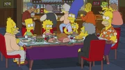 (vorne v.l.n.r.) Grampa; Bart; Lisa; Marge; Maggie; Moe; Homer