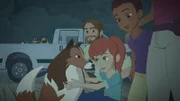 Zoé und Harvey bedanken sich bei Lassie, denn ohne Lassies Hilfe wäre Graham nicht rechtzeitig zur Stelle gewesen und die Landung nicht so glimpflich verlaufen.