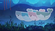 Die Waldame Wiebke und ihre Freundinnen haben einen Unterwasser-Chor gegründet. Nun geben sie voller Hingabe ihr erstes Walgesang-Konzert. Mit Hilfe von roten Gummischläuchen (l.o.) können auch Inui und ihre Freunde etwas davon hören.