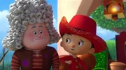 Pinocchio (re.) und Luzio (li.) schmuggeln sich verkleidet als Adlige ins Schloss.