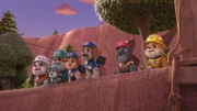 v.li.: Auntie Crane, Motor, Grandpa Gravel, Mix, Wheeler, Charger, Rubble