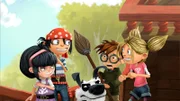 Zoé, Harvey und Lassie bilden ein Team bei der großen Schnitzeljagd zu Ehren der Gründerin des Nationalparks. Harveys Mutter Beth (hinten r.) und Zoés Eltern Sarah (hinten 2.v.r.) und Graham (hinten 3.v.r.) sind stolz auf ihre Kinder.