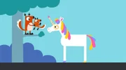 Das Einhorn trifft die Eichhörnchen und macht sie glücklich.