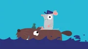 Die Maus sitzt auf dem Rücken des schwimmenden Bibers.
