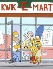 (12. Staffel) -  (v.l.n.r.) Homer, Bart, Lisa, Maggie und Marge Simpson sind die beliebtesten Kunden vom Kwik-E-Mart-Besitzer Apu (hinten).