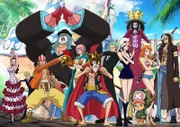 (v.l.n.r.) Viola; Sanji; Lysop; Franky; Rebecca; Ruffy; Zorro; Robin; Brook; Nami; Law; (vorne) Chopper