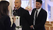 Brennan (Emily Deschanel, L) and Booth (David Boreanaz, R) suspect the victim's assistant (Peter Paige, C), when they investigate the death of a wedding planner.