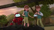 Gizmo, Joy und Chris (v.l.) werden vom Superbuch in die Geschehnisse der Offenbarungsgeschichte versetzt