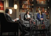 BONES: Brennan (Emily Deschanel, R) appears in a television interview with a rival author (guest star Nora Dunn, C) who she has little respect for in the "The Dude in the Dam" episode of BONES. Also pictured: guest star Loren Lester, L.