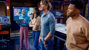 (v.l.n.r.) Special Agent Fatima Namazi (Medalion Rahimi); Kensi Blye (Daniela Ruah); Marty Deeks (Eric Christian Olsen); Devin Roundtree (Caleb Castille)