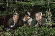 Hochkonzentriertes Warten auf den Wolf. Dieses aufregende nächtliche Schauspiel lässt sich Zoodirektorin Amal Bekele (Dennenesch Zoudé, Mitte) nicht entgehen. Professor Baumgart (Gunter Schoß, links) und sein Kollege vom BUND Hans Gründling (Tom Quaas, rechts) sind auf die Begegnung mit dem wilden Tier gut vorbereitet.