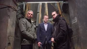 EBEN-EMAEL, BELGIUM - Sam Willis, Robert Joe and Joost Vaesen, a historian a member of the board at Fort Eben Emael, stand in front of a 20-metre-underground staircase system that was blown up by German soldiers’ 50-kilogramme shaped charge on May 11, 1940.   (photo credit: Fox International Channels Singapore/Lau Hon Meng )