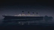 Nächtliche Fahrt der Titanic im Nordatlantik, umgeben von Eisbergen, die ihr zum Verhängnis wurden und mehr als 1500 Menschen in den Tod riss.
