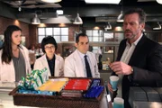 Führt House (Hugh Laurie, r.) nun alle an der Nase rum, oder ist er wirklich krank? Adams (Odette Annable, l.), Park (Charlyne Yi, 2.v.l.) und Taub (Peter Jacobson, 2.v.r.) sind sich unsicher ...