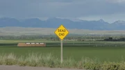 Dead end sign with mountains in the background.