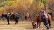 A local man leans on a pack horse in Mongolia.