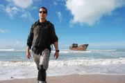 Bear walking up out of water towards camera with shipwreck in background.