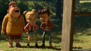 Samson, Marie und Hase machen sich über Bohnenstange lustig.