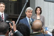 LAW & ORDER -- "Rumble" Episode 1903 -- Pictured: (l-r) Linus Roache as Michael Cutter, Sam Waterston as DA Jack McCoy, Alana De La Garza as Connie Rubirosa -- NBC