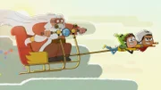 Der Weihnachtsmann (l.) sucht verzweifelt nach seinem Rentier. Schließlich müssen Mats und Malika (r.) einspringen.
