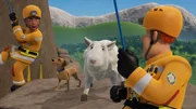 Ellie und Sam retten Buddler und Wollie von dem wackeligen Felsvorsprung.