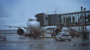 Die Menschen steigen in das Flugzeug ein.