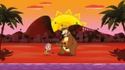 Mascha und der Bär spielen Gitarre am Strand.
